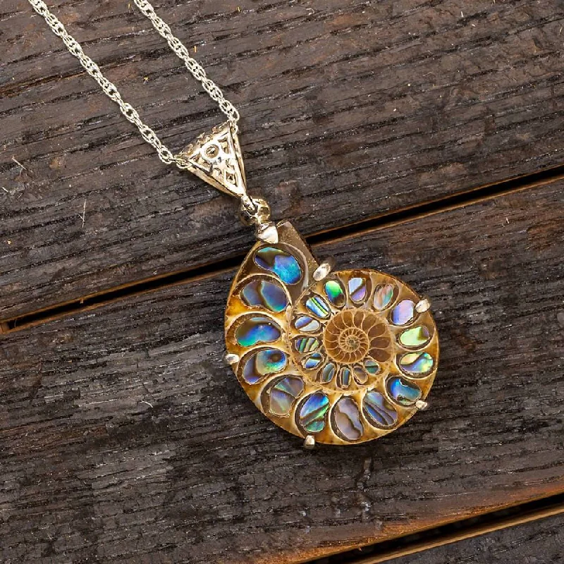 women casual necklaces -Flashy Kaleidoscopic Abalone-Filled Ammonite Necklace