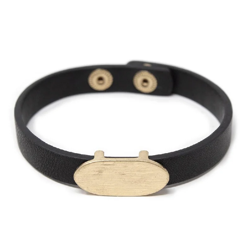 women leather bangles -Vegan Bracelet w Brushed Gld Tone Oval Black