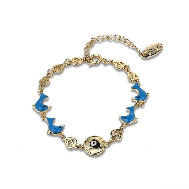 women engraved cuff bracelets -Absolutely Gorgous Gold Plated Blue Dolphin and Heart Bracelet