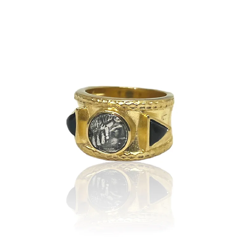 women diamond solitaire rings -GOLD BAND COIN & ONYX TRE RING