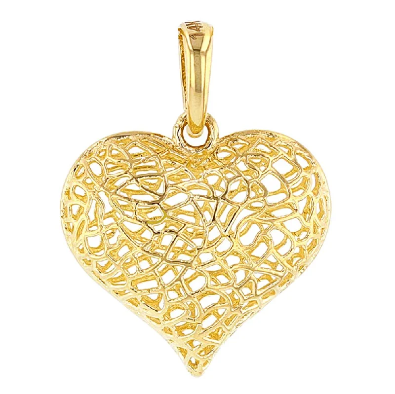 women twisted chain necklaces -Textured 14k Yellow Gold Puffed Filigree Heart Charm Pendant