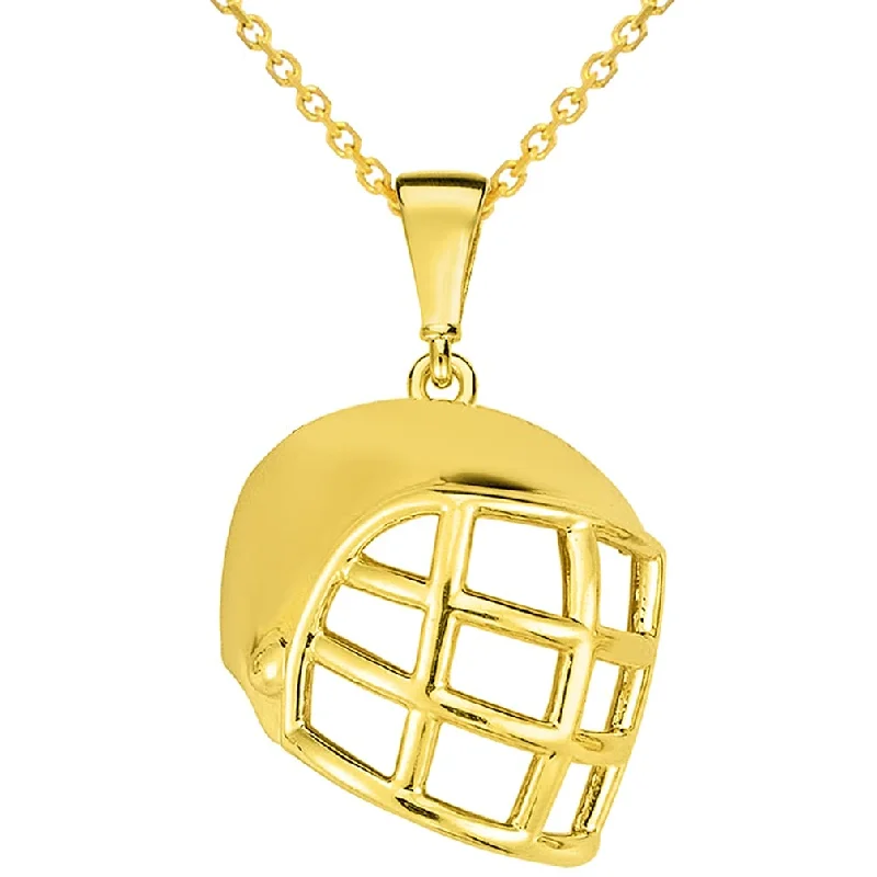 women minimalist necklaces -Solid 14k Yellow Gold Hockey Goalie Mask Pendant Necklace