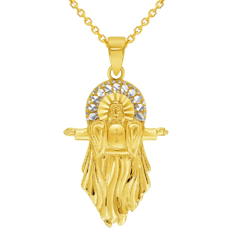 women custom necklaces -14k Yellow Gold Jesus Christ with Open Arms Pendant Cable, Curb, or Figaro Chain Necklaces