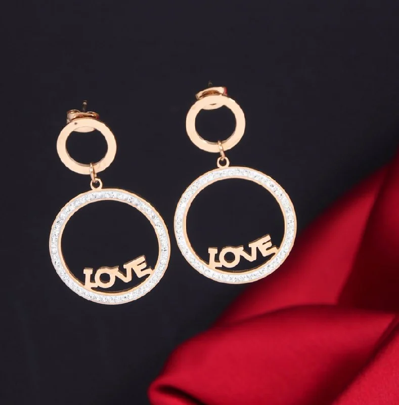 women gold-plated earrings -Tarohi Jewels Stainless Steel Rosegold Plated Hoops with 'LOVE' written Earring-STNER 2704