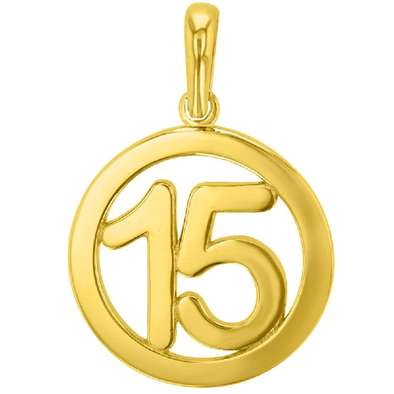 women luxury silver necklaces -Solid 14K Yellow Gold Round Number Fifteen Charm Pendant