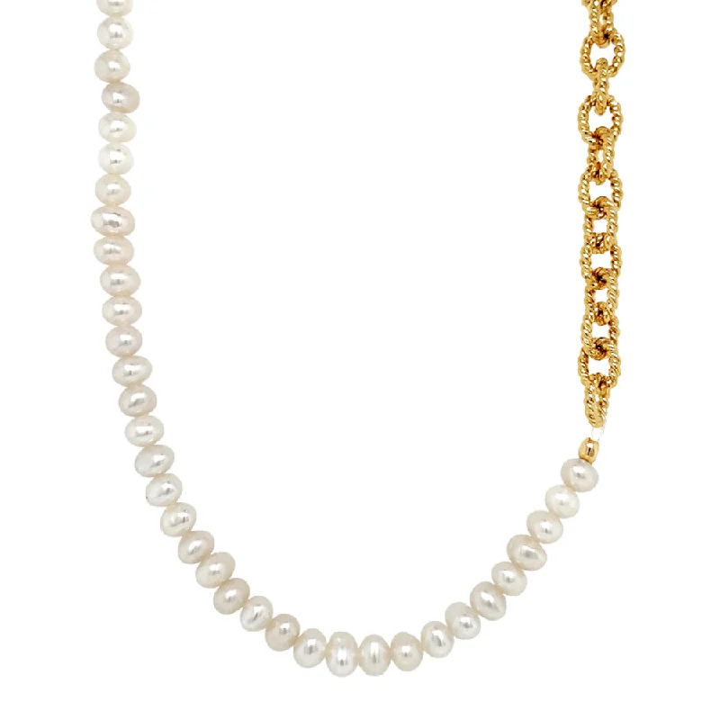 women birthstone necklaces -Yellow Gold Plate & Pearl Textured Link Necklace - "Charly"