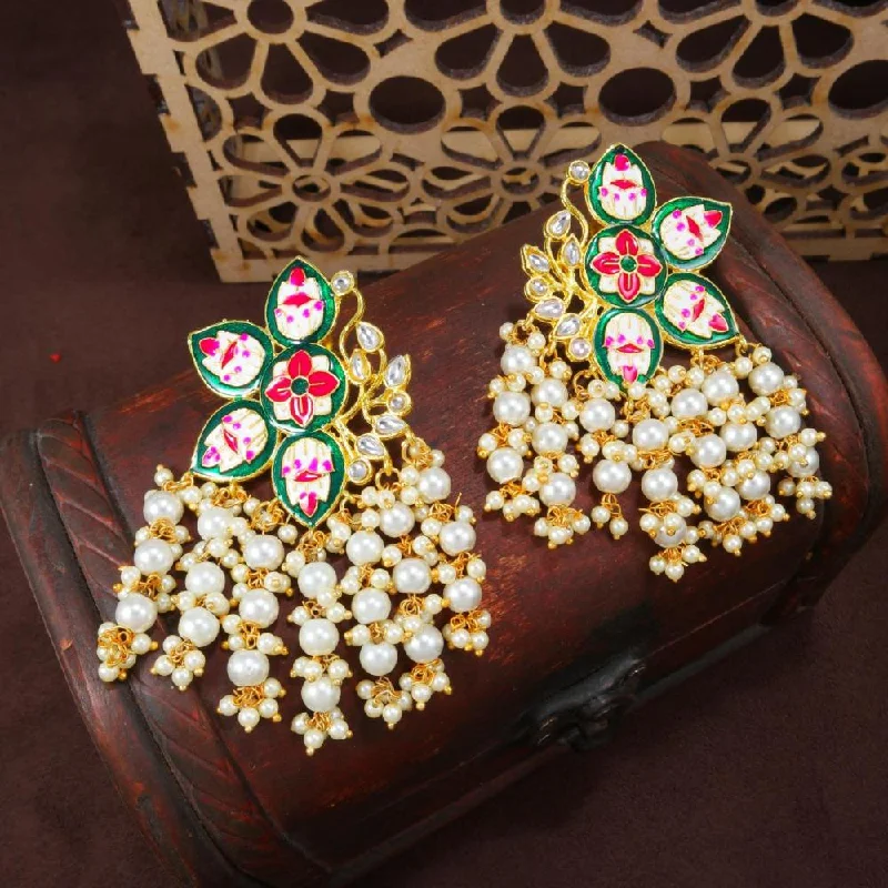 women modern hoop earrings -Etnico Gold Plated Meenakari Kundan & Pearl Drop Earrings For Women (E2923G)