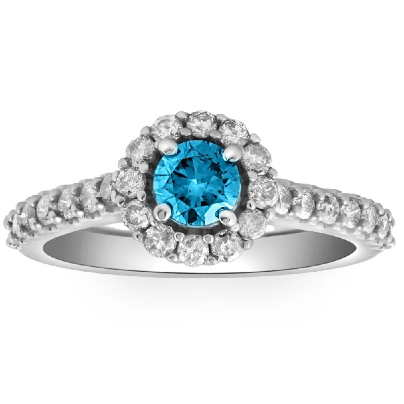 women trendy engagement rings -1 3/8ct Blue Diamond Halo Engagement Ring 14K White Gold