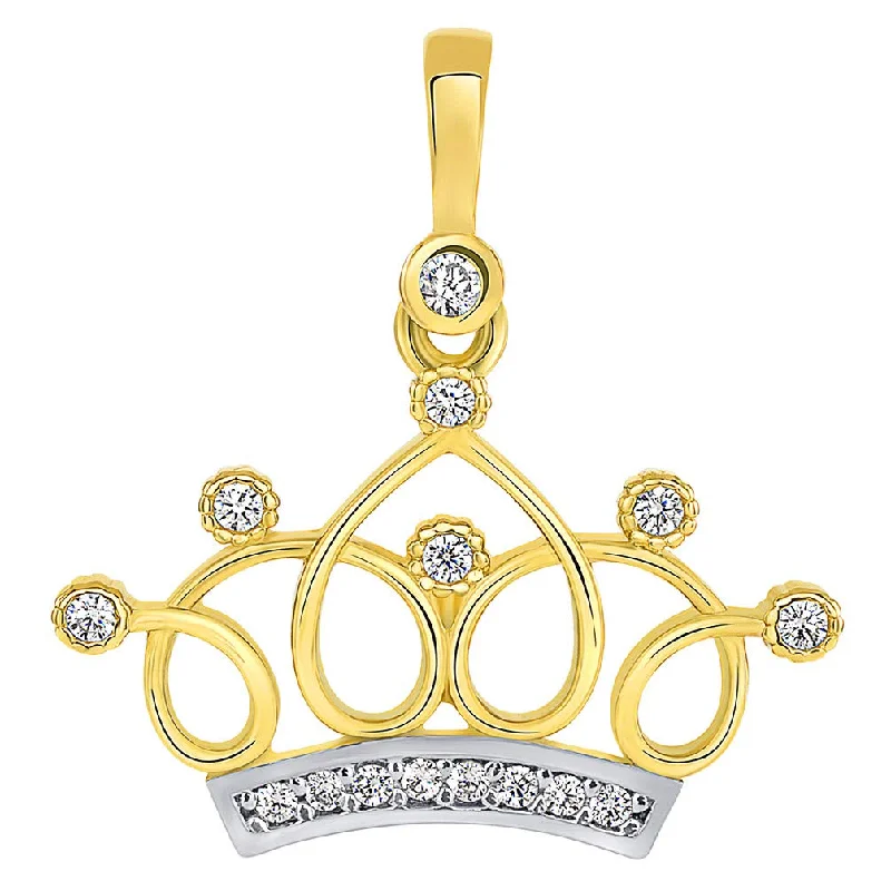 women custom engraved gold necklaces -14k Yellow Gold Elegant Princess Crown Pendant with Cubic Zirconia