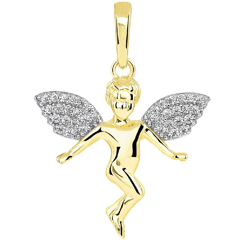 women star-shaped necklaces -14k Yellow Gold Floating Guardian Angel with Micro Pave CZ Wings Pendant