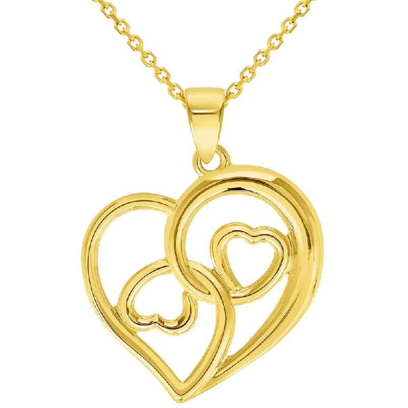 women twisted chain necklaces -14k Yellow Gold Open Triple Heart Love Symbol Pendant with Cable, Curb, or Figaro Chain Necklaces