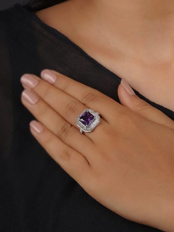 women stackable gemstone rings -Purple Color Silver Plated Faux Diamond Ring - CZRNG101PR