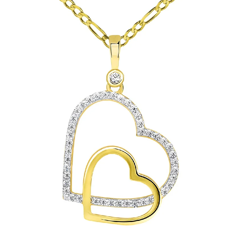 women turquoise necklaces -14k Yellow Gold CZ Dangling Sideways Open Double Heart Pendant Figaro Necklace