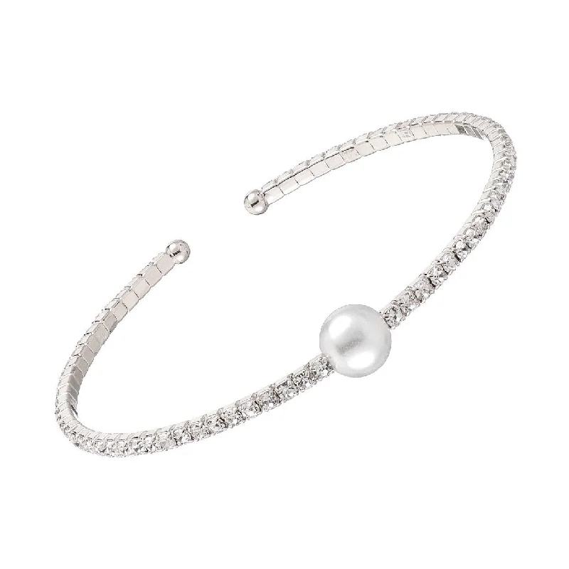 women minimalist bangles -Crystal and Center Pearl Memory Wire Bracelet Silvertone