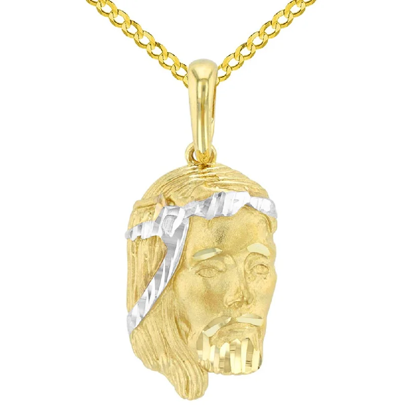 women chic necklaces -14K Yellow Gold Textured Face of Jesus Christ Pendant with Cuban Chain Necklace