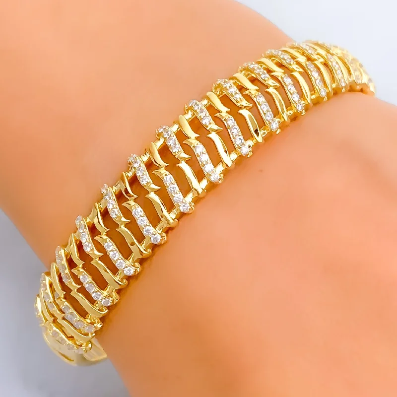 women diamond bracelets -Shiny Alternating Striped Diamond + 18k Gold Bangle Bracelet