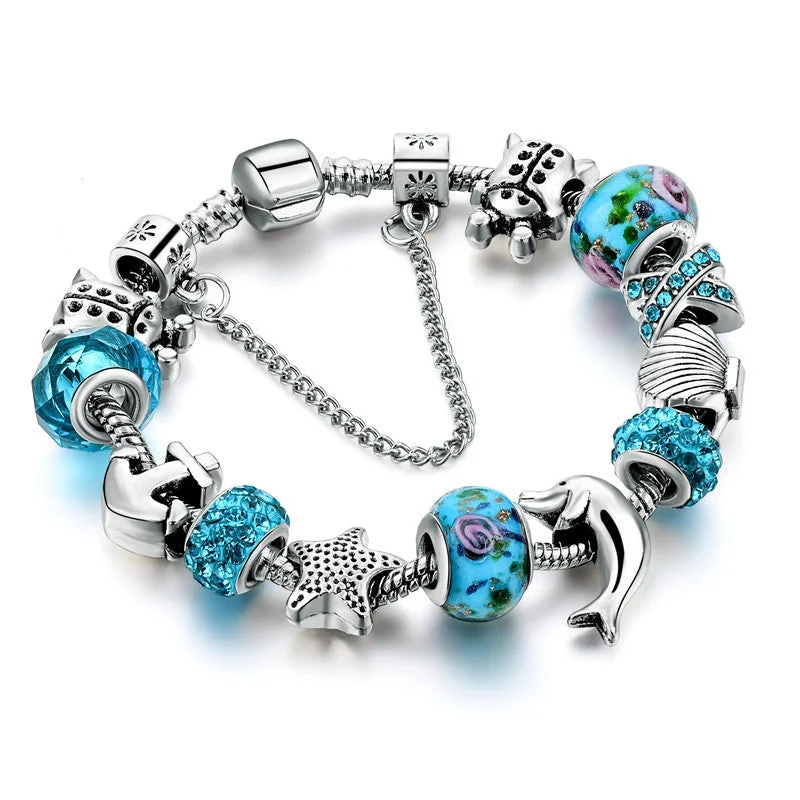 women birthstone bangles -Ocean Style European Blue Crystal Glass Dolphin Charm Bracelet