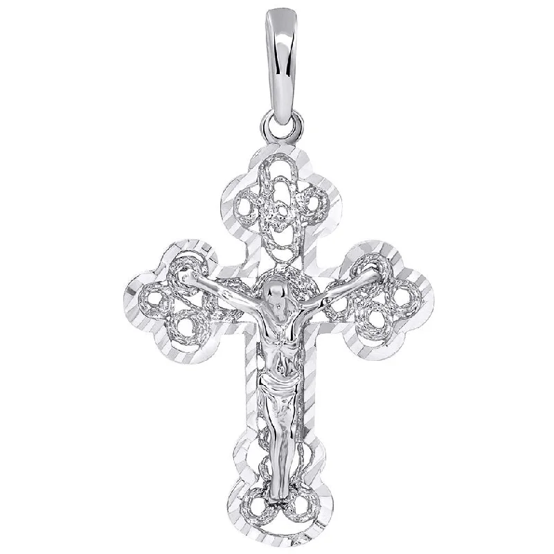 women art deco necklaces -Solid 14k White Gold Filigree Eastern Orthodox Cross Crucifix Pendant