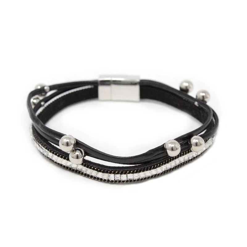 women jewelry bangles -3Row Glass and Bead Leather Bracelet Black