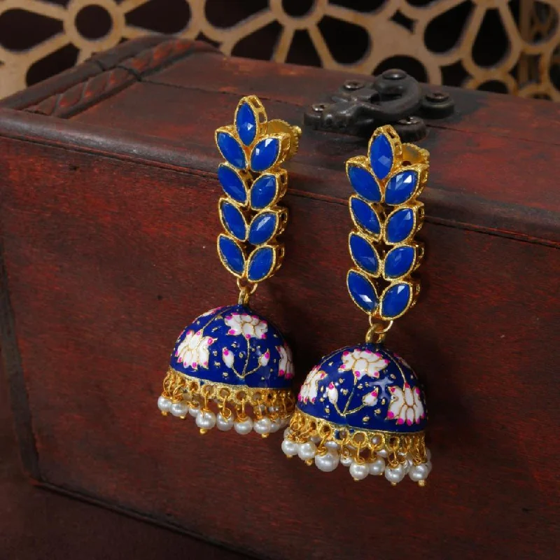 women retro earrings -Etnico Gold Plated Meenakari Leaf Shaped Pearl Drop Jhumka Earrings For Women (E2922Bl)