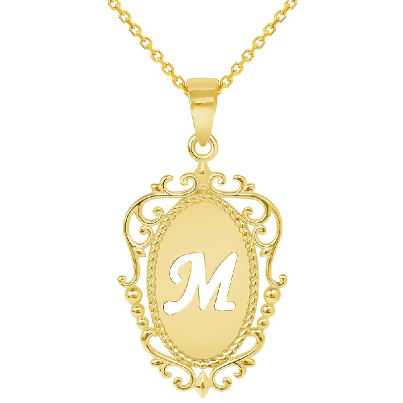 women custom charm necklaces -14k Yellow Gold Elegant Filigree Oval Uppercase Initial M Script Letter Plate Pendant with Cable, Curb, or Figaro Chain Necklaces