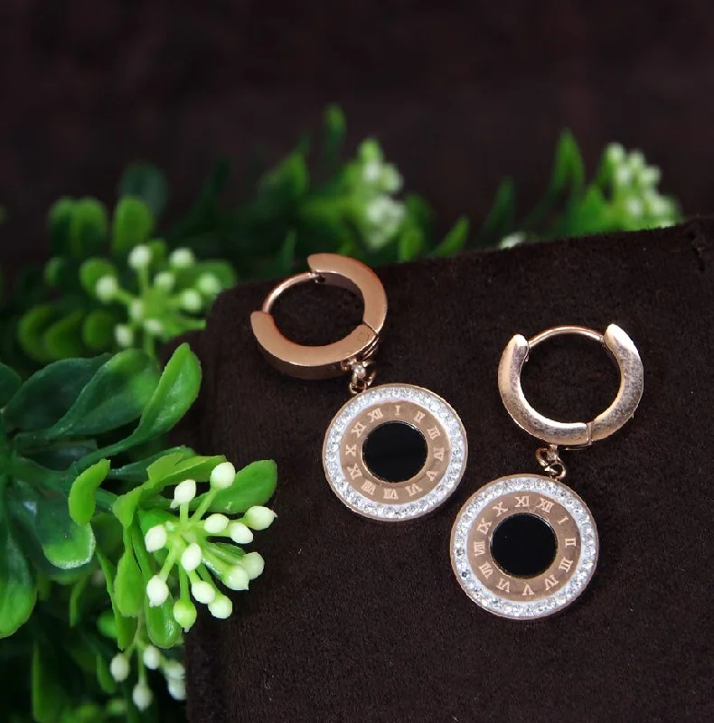 women crystal drop earrings -Tarohi Jewels Stainless Steel Rosegold Plated Roman Numerals Hoops Earring-STNER 2768