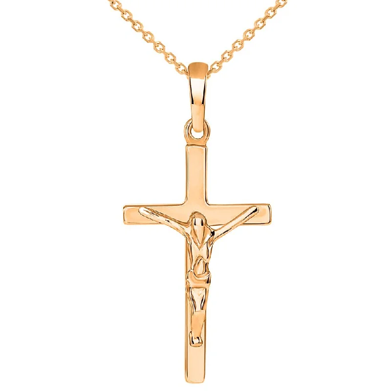 women crystal pendant necklaces -Solid 14K Rose Gold Simple Cross Jesus Crucifix Charm Pendant Necklace