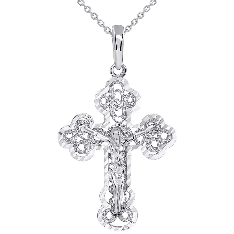 women ruby necklaces -Solid 14k White Gold Filigree Eastern Orthodox Cross Crucifix Pendant Necklace