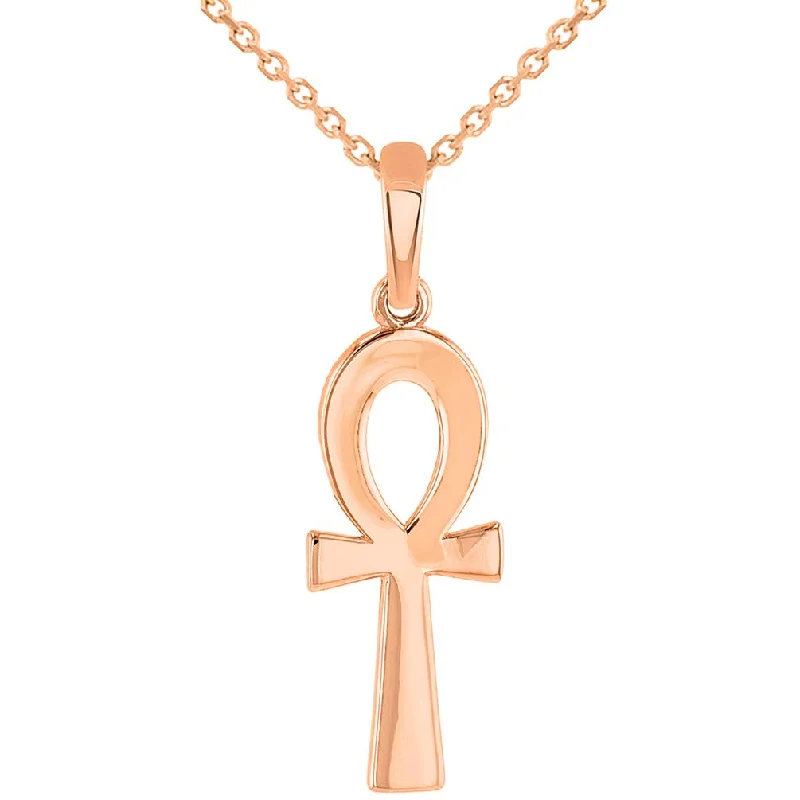 women emerald necklaces -Solid 14k Rose Gold Polished 1inch Egyptian Ankh Cross Charm Pendant Necklace