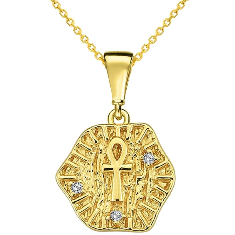 women gemstone necklaces -14k Yellow Gold Textured Small CZ Egyptian Ankh Cross Talisman Pendant Necklace