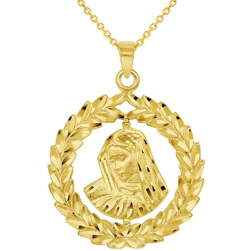 women pearl pendant necklaces -14k Yellow Gold Virgin Mary In Round Olive Branch Pendant with Cable, Curb, or Figaro Chain Necklaces