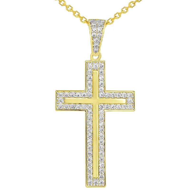 women crystal necklaces -14k Yellow Gold Cubic Zirconia Elegant Traditional Latin Cross Pendant With Rolo Necklace