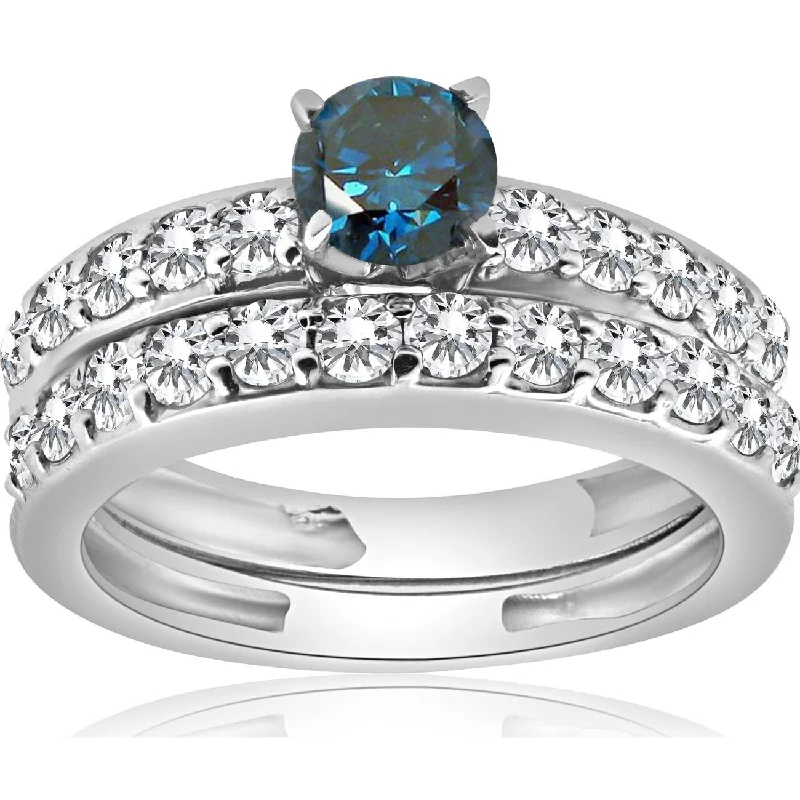 women custom engagement rings -1 3/8Ct Blue Round Cut Diamond Matching Bridal Engagement Ring Set White Gold