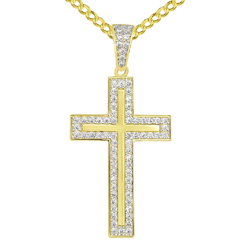 women silver chain necklaces -14k Yellow Gold Cubic Zirconia Elegant Traditional Latin Cross Pendant Cuban Necklace