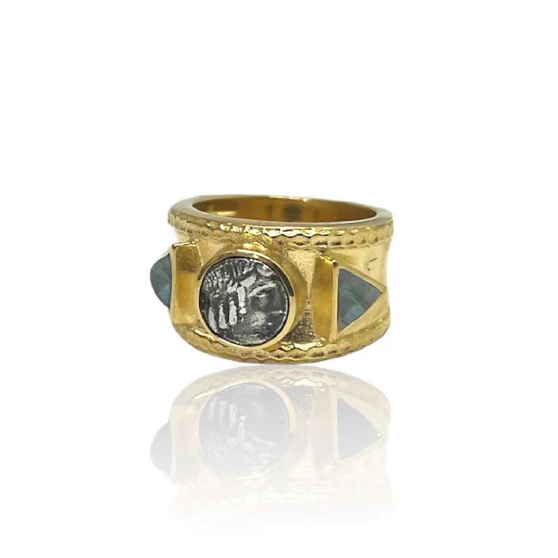 women bold statement rings -GOLD BAND COIN & LABRADORITE TRE RING