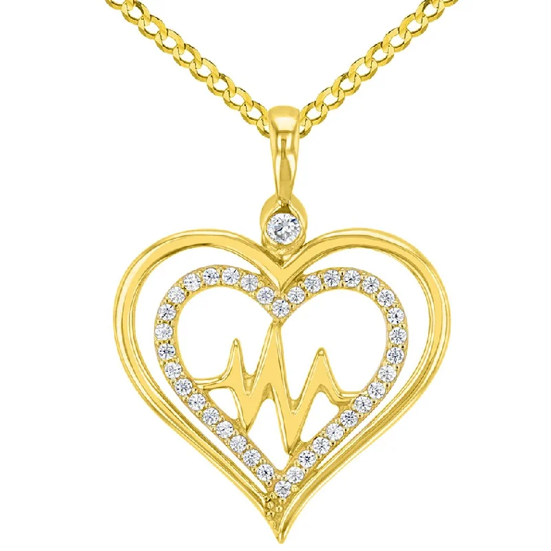 women pearl pendant necklaces -Solid 14K Yellow Gold CZ Double Heart Heartbeat Pendant with Cuban Necklace