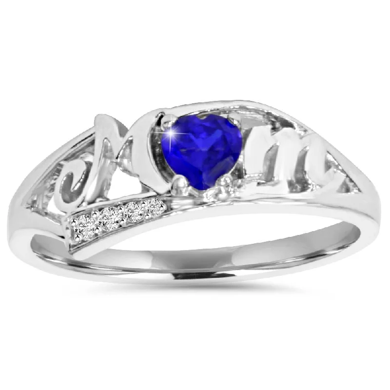 women antique-style engagement rings -5/8ct Blue Heart Sapphire & Diamond MOM Ring 10K White Gold