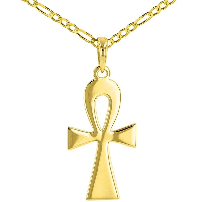 women bridal necklaces -Solid 14K Yellow Gold Egyptian Ankh Cross Pendant Necklace with Figaro Chain Necklace