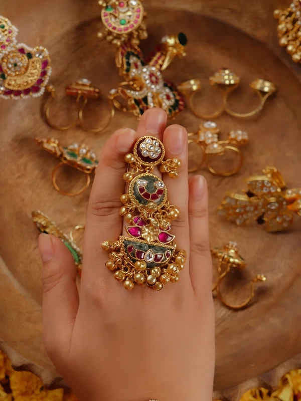 women sterling silver engagement rings -Multicolor Gold Plated Jadau Kundan Ring - MRNG185M