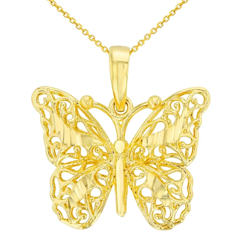 women minimalist pendant necklaces -14K Yellow Gold Textured Filigree 3D Butterfly Pendant Necklace