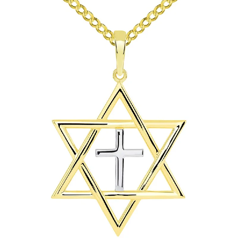 women boho necklaces -14k Yellow Gold Medium Jewish Star of David with Religious Cross Judeo Christian Pendant Cuban Necklace