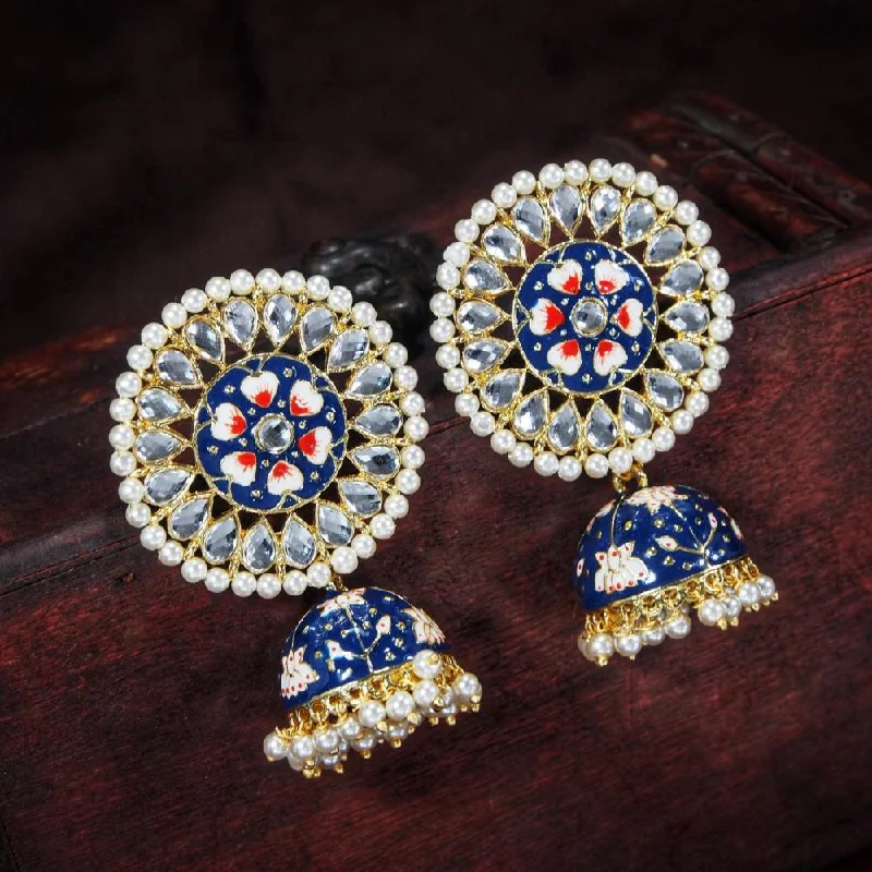 women silver drop earrings -Etnico Gold Plated Traditional Meenakari Kundan & Pearl Jhumka Earring for Women (E2917Bl)