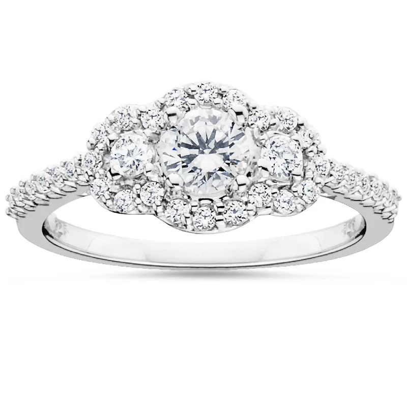 women vintage-style engagement rings -7/8 Carat 3-Stone Halo Diamond Anniversary Engagement Ring Solitaire White Gold