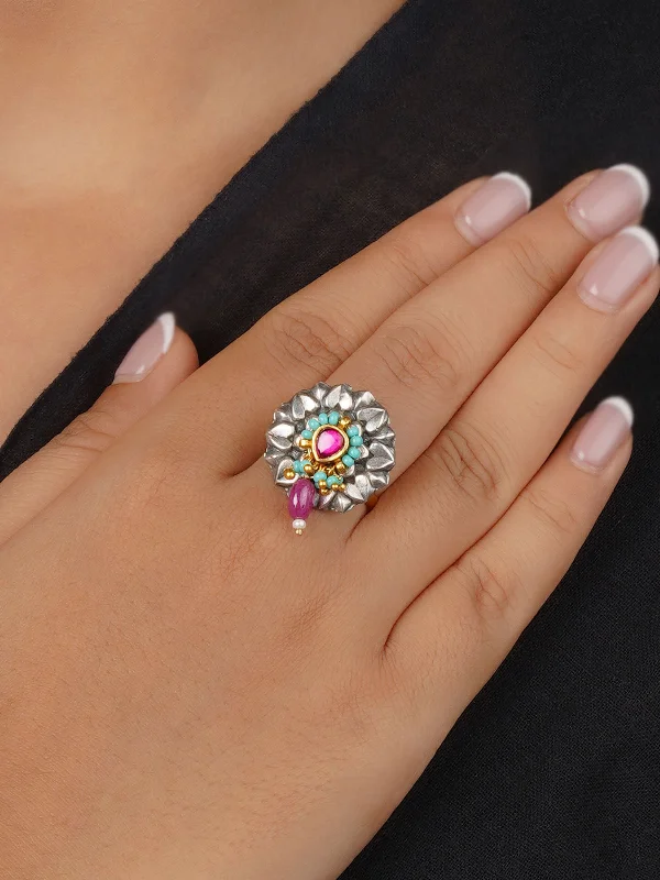 women antique rings -Pink Color Silver Plated Tribal Ring - EK-SFRNG174P