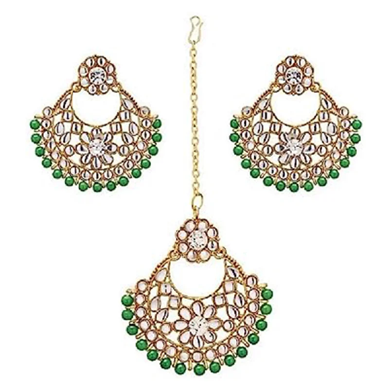 women luxury drop earrings -Subhag Alankar Green Alloy Jewel Set with Maangtikka