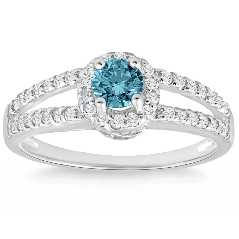 women square cut engagement rings -3/4ct Halo Split Shank Treated Blue Diamond Engagement Ring 14K White Gold