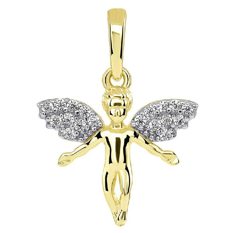 women gold chain necklaces -14k Yellow Gold Flying Guardian Angel with Micro Pave CZ Wings Pendant (Small)