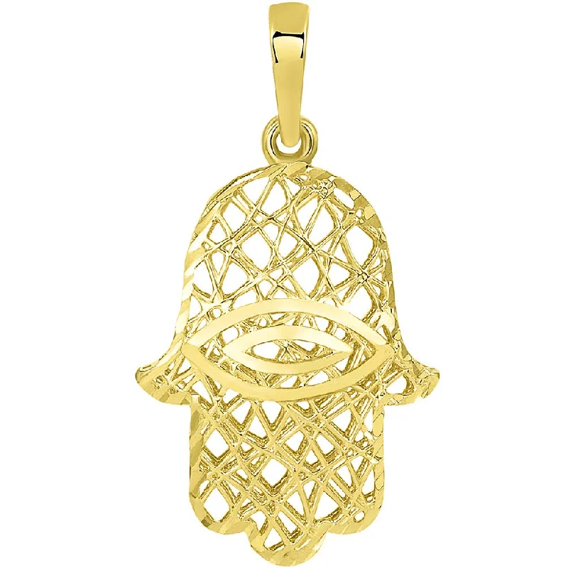 women flower pendant necklaces -14k Yellow Gold Textured Filigree 3D Hamsa Hand of Fatima with Evil Eye Pendant