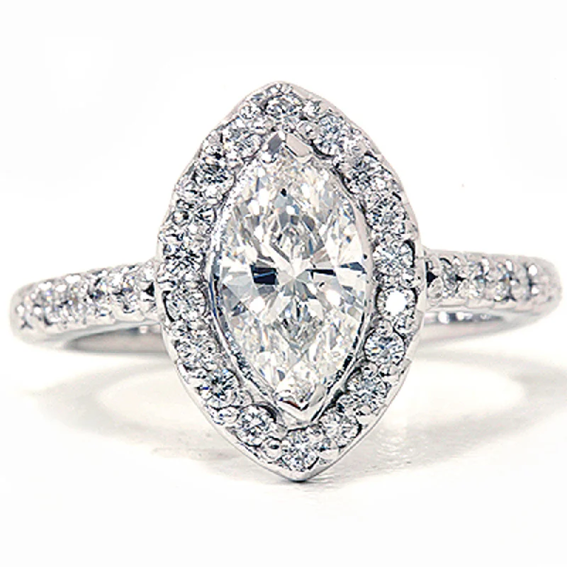 women round engagement rings -1 3/8ct Marquise Halo Diamond Ring 14K White Gold