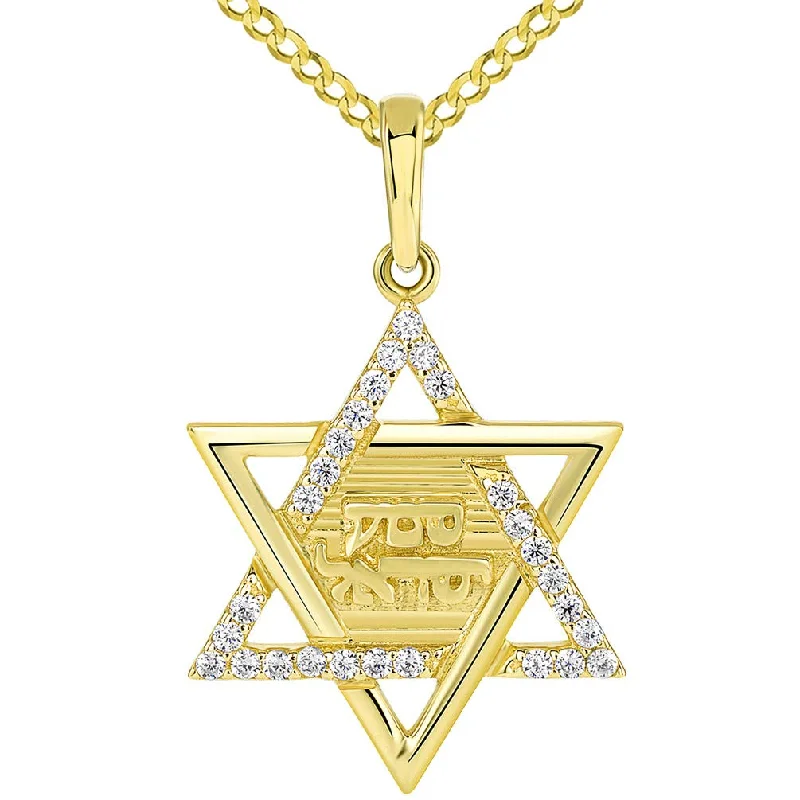 women custom necklaces -Solid 14K Yellow Gold Hebrew Shema Yisrael CZ Star of David Pendant with Cuban Chain Necklace